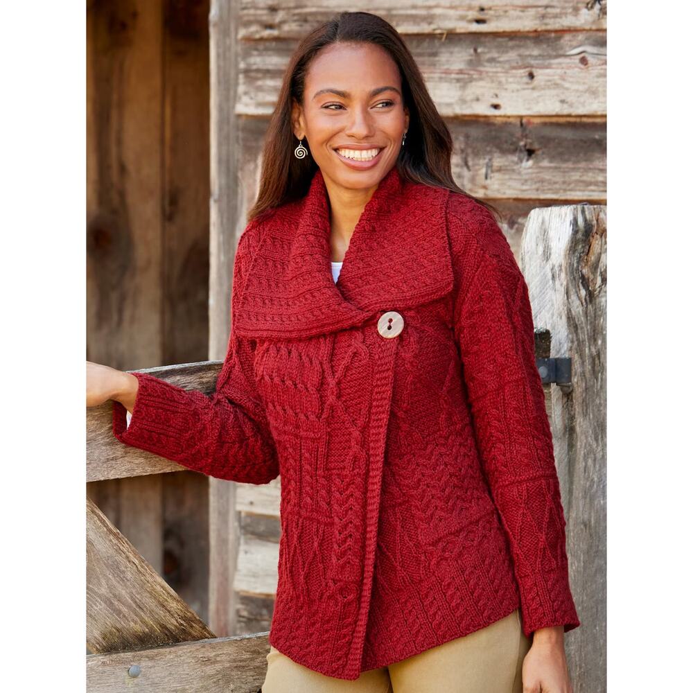 Aran Carraig Donn Irish Cranberry Red 100% Merino Wool Button Knit Sweater - Picture 11 of 11